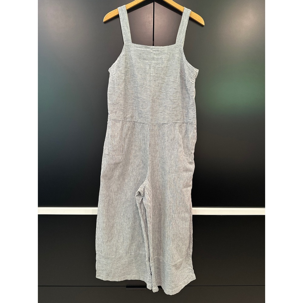Beachlunchlounge Blue White Striped Linen Cotton Wide Leg Jumpsuit Womens Medium